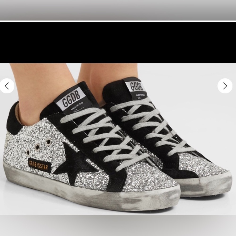 Golden Goose Shoes Superstar Silver Glitter Sneakers with Black Star - Picture 1 of 13